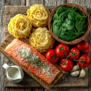 Ingredients of one pot salmon pasta recipe