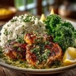 Chicken and rice with broccoli served for dinner