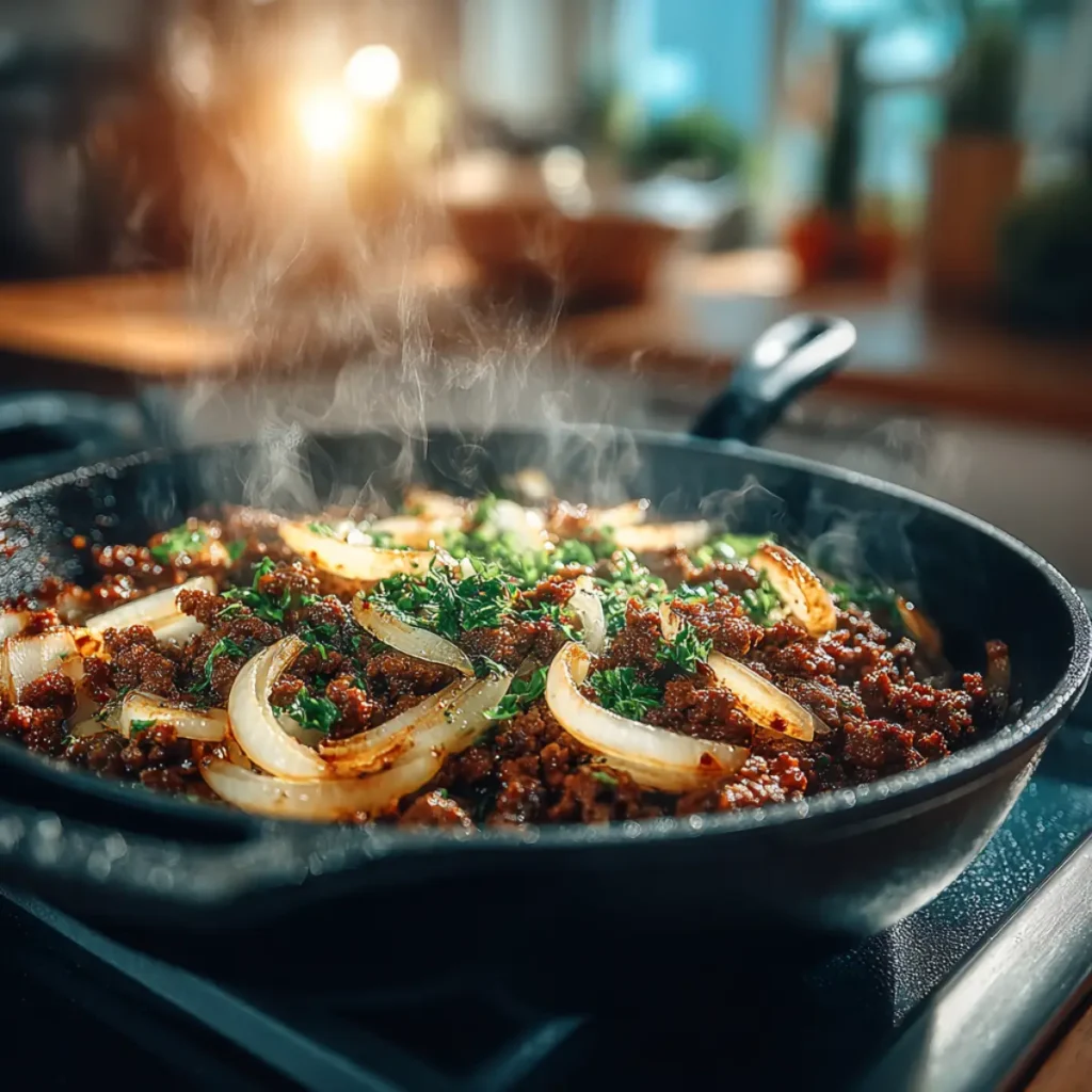 cooking onion and ground beef for one pot ground beef pasta recipe