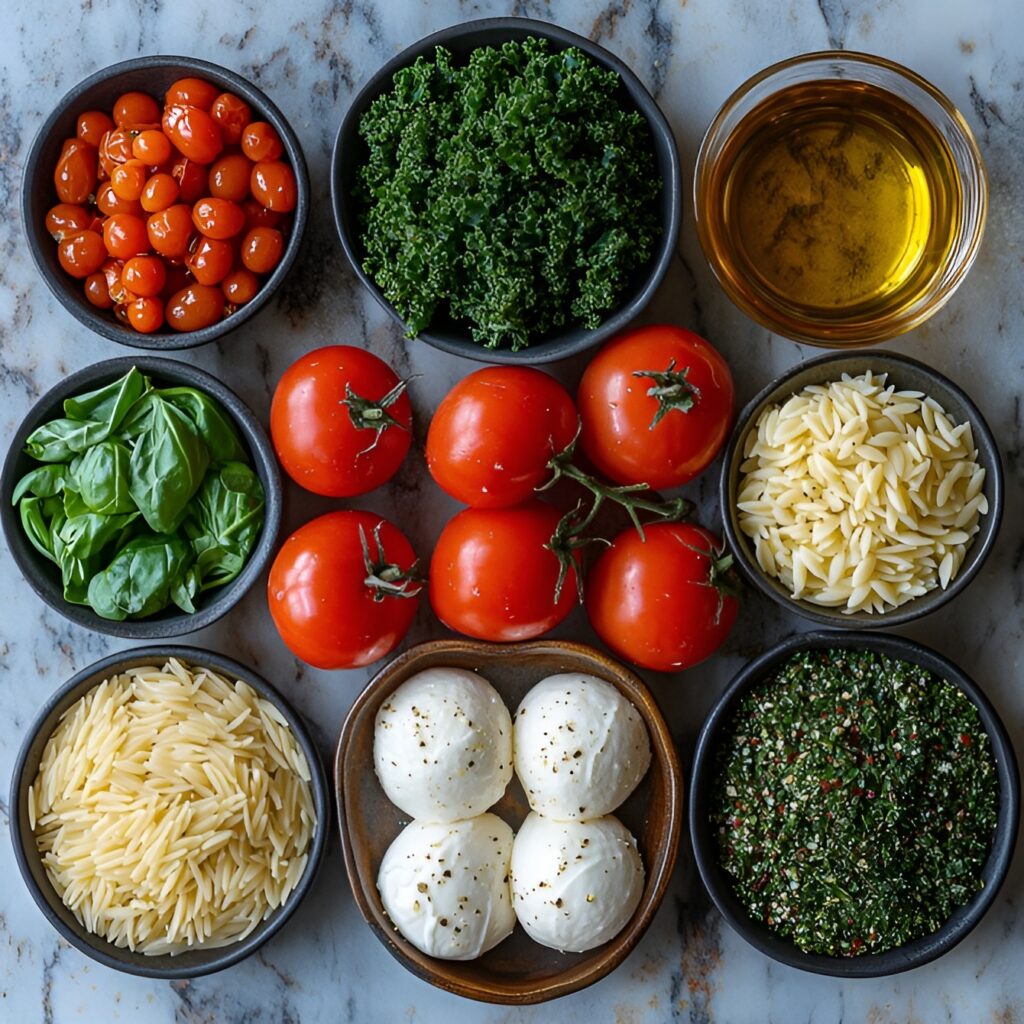 Ingredients for one pan Italian orzo skillet recipe