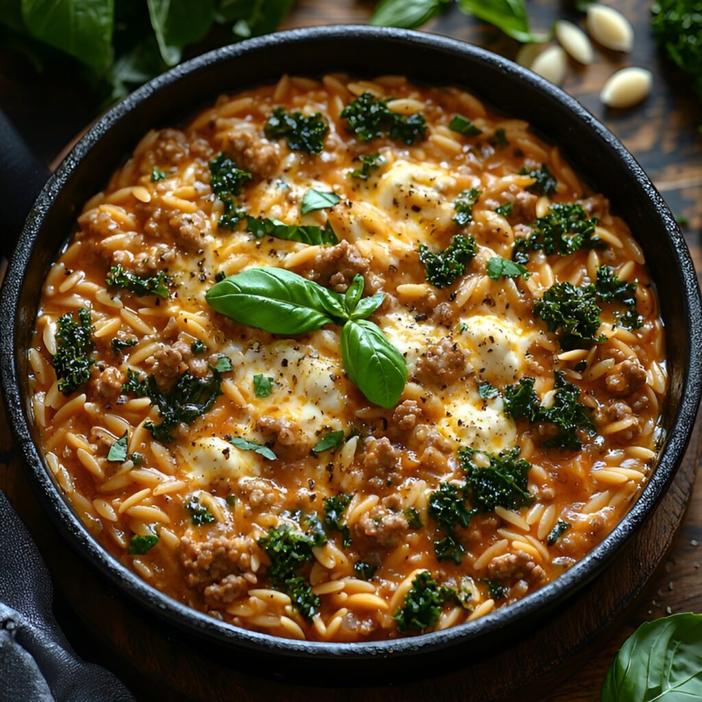 Ingredients for one pan Italian orzo skillet recipe