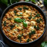 One pan Italian orzo skillet recipe in rustic cast-iron skillet