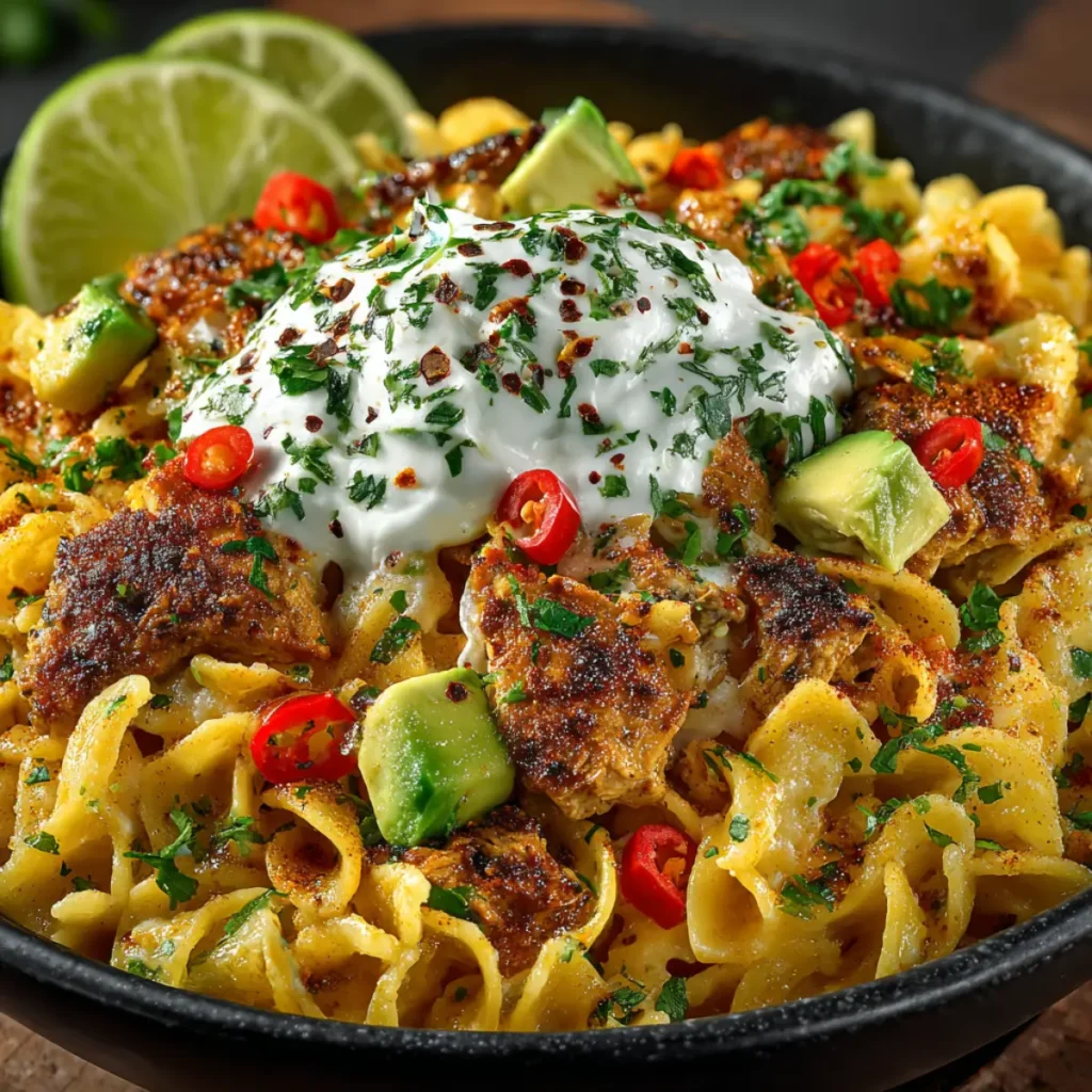 Final dish of one pot chicken fajita pasta served with toppings