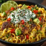 Final dish of one pot chicken fajita pasta served with toppings