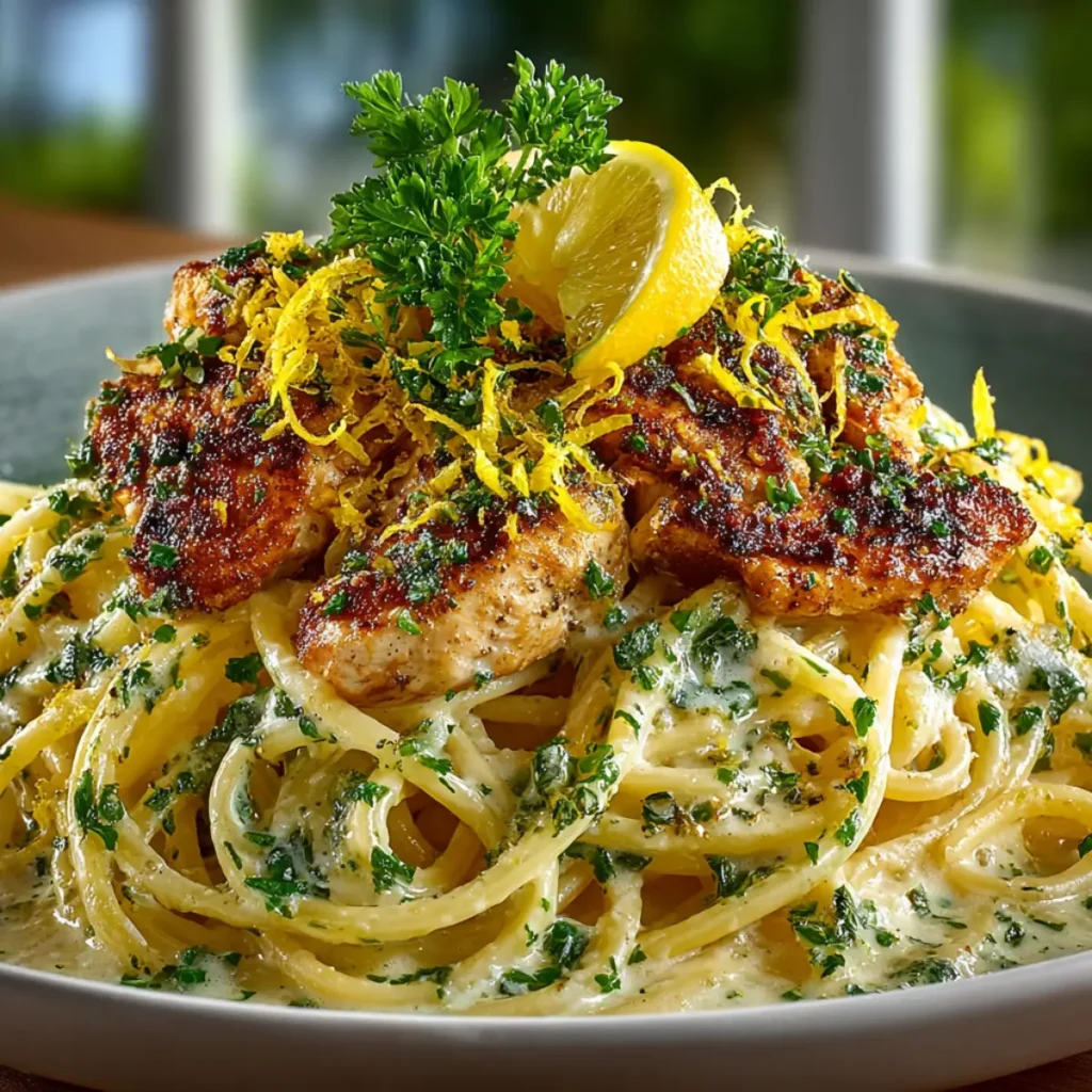One pot chicken lemon pasta served in a bowl