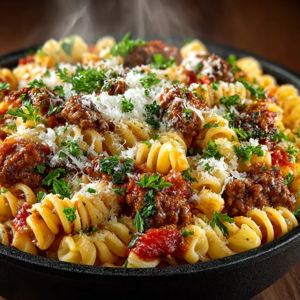 one pot ground beef pasta recipe in Dutch oven