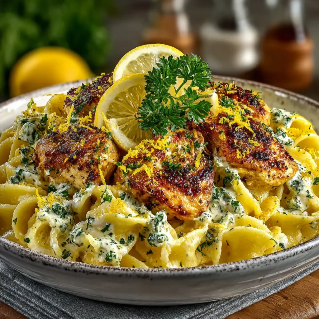 Serving bowl of one pot chicken lemon pasta