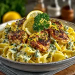 Serving bowl of one pot chicken lemon pasta