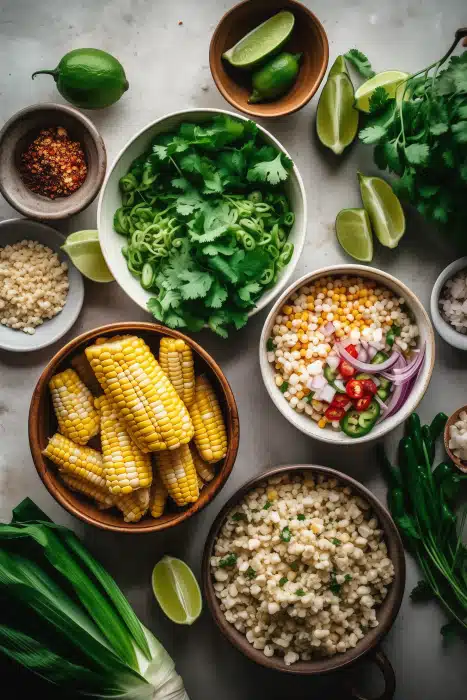 Street Corn Chicken Rice Bowl Recipe ingredients including grilled corn, chicken, rice, mayonnaise, sour cream, lime, cilantro, and spices laid out on a table