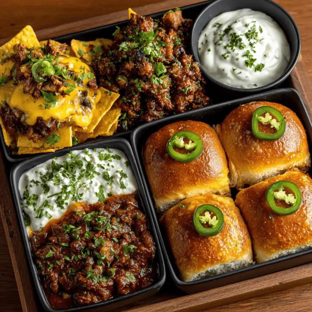Game day meal prep recipes with nachos, sliders, and yogurt dip on a table