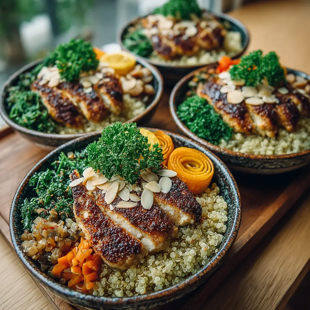 Chicken quinoa high-protein meal prep bowls ready to serve