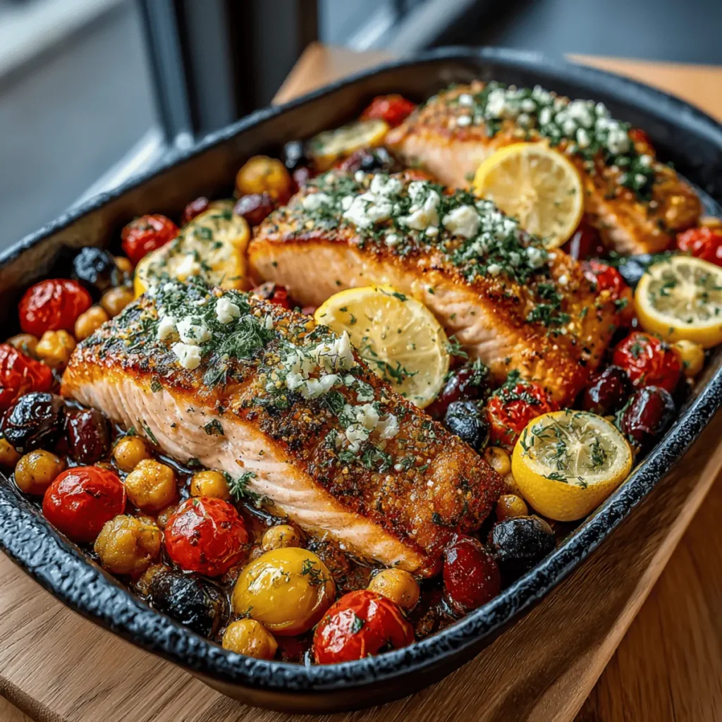 One-pan Mediterranean chickpea and salmon in baking dish