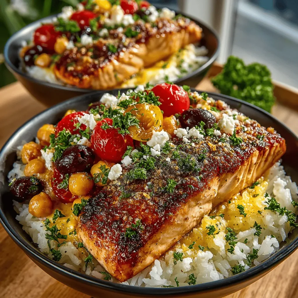 One-pan Mediterranean chickpea and salmon served with rice