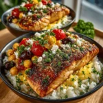 One-pan Mediterranean chickpea and salmon served with rice